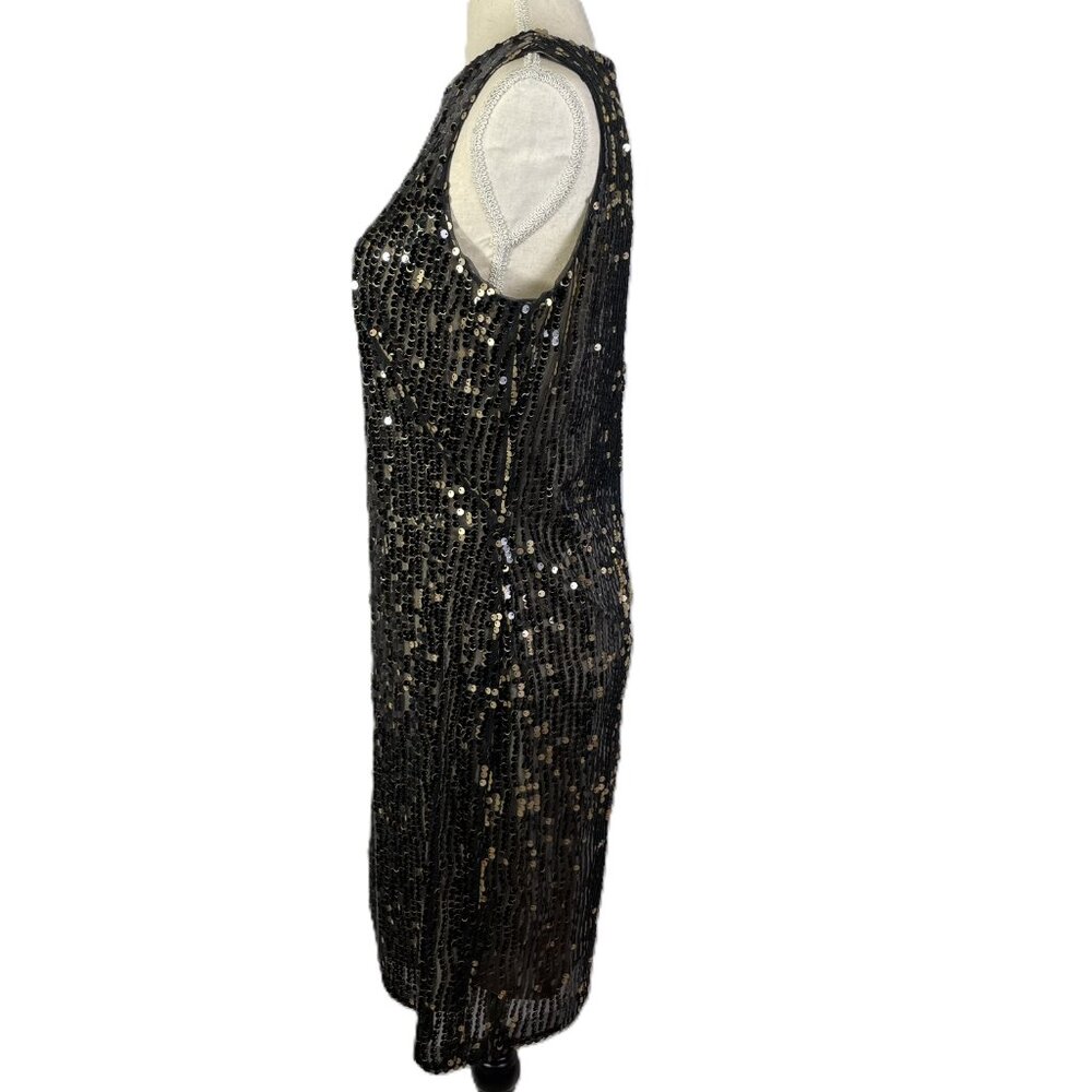 Lauren Ralph Sequins Evening Cocktail Dress Sleeveless Black Tan Gold Size 8 - Picture 3 of 16